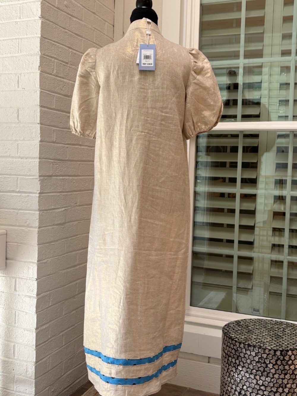 Sail to Sable Linen Maxi Dress Small and Metallic Gold with Ric/Rac Detail NWT - Picture 3 of 10